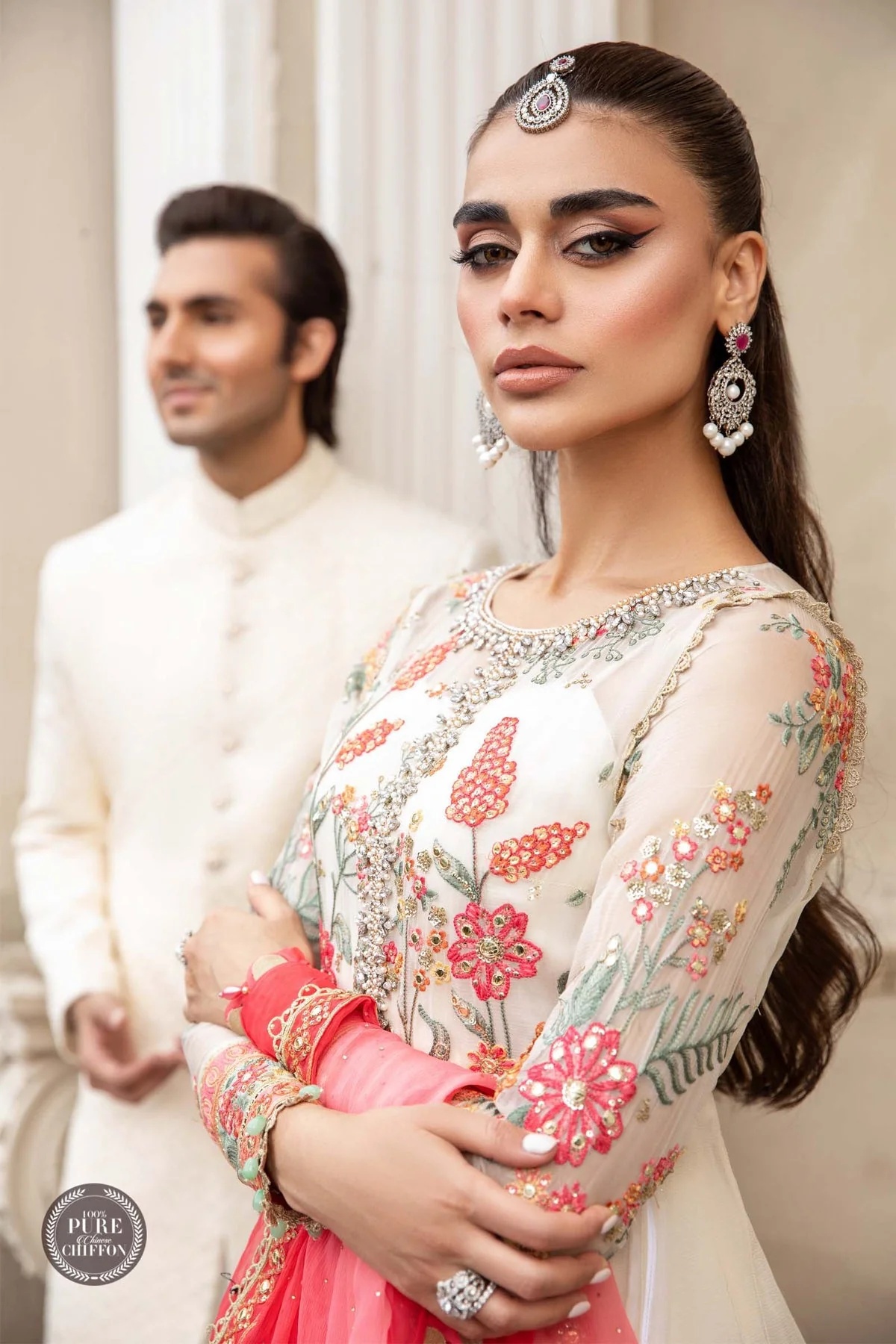 MPC-23-106 Cloud White Floral pakistani fashion outfit in white tones.